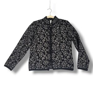 Cherry Lewis Sweater Jacket Size Small Wool Alpaca Black Grey Floral Print